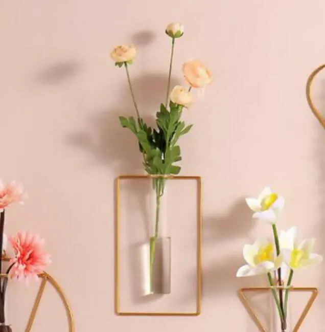 1pc Wall-mounted Glass Vase Home Decor Wall Decoration Iron Hanging Flower Vases Hydroponic Plants Container