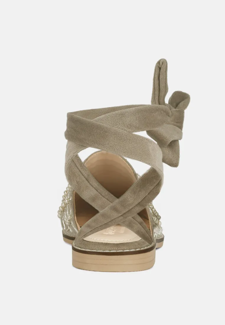 Asante Crisscross Beaded Veil Velvet Mules in Taupe