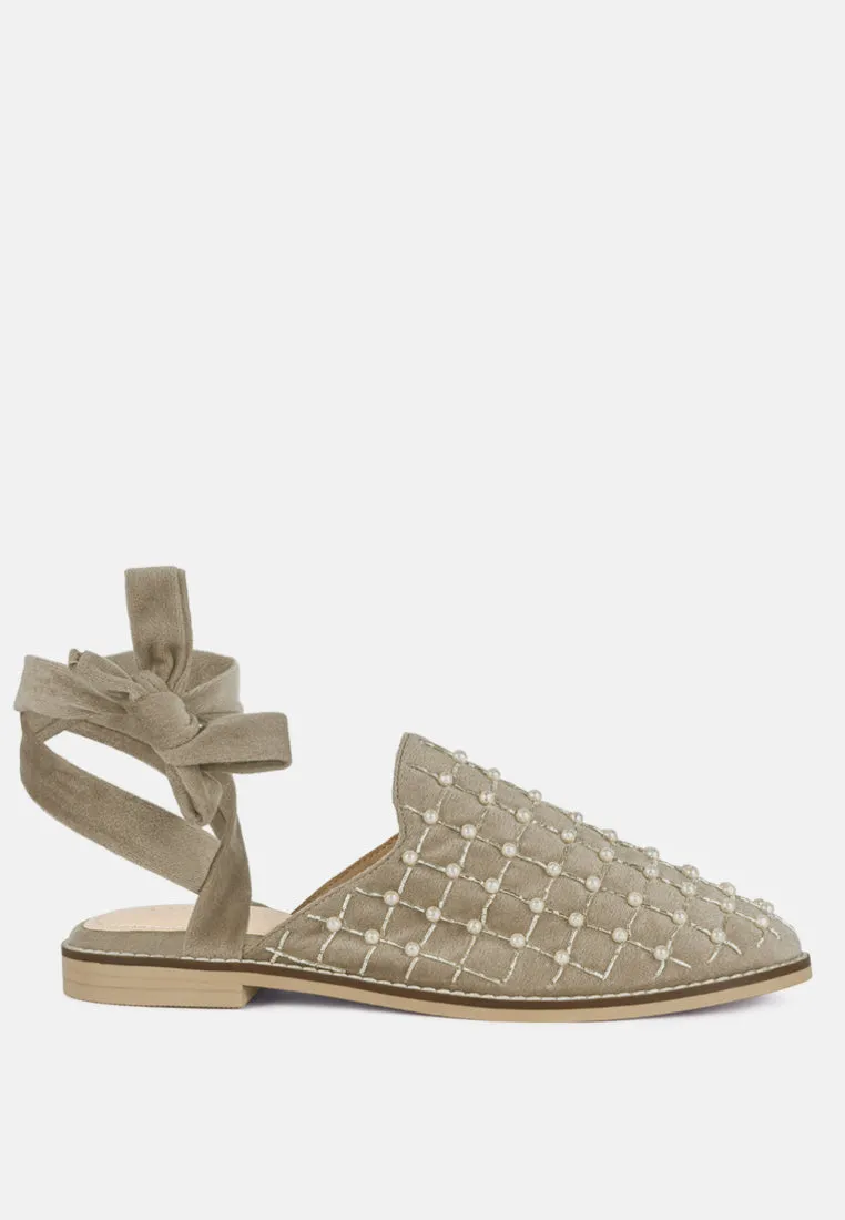 Asante Crisscross Beaded Veil Velvet Mules in Taupe