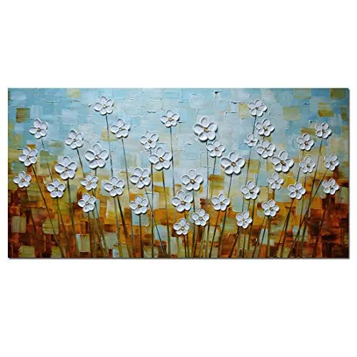 ASDAM ART –(100% HAND PAINTED 3D) PAINTINGS ON CANVAS READY TO HANG WHITE DAISY FLOWER OIL PAINTINGS ABSTRACT LANDSCAPE ARTWORK WALL ART FOR LIVING ROOM BEDROOM (20X40 INCH)