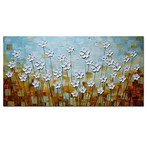 ASDAM ART –(100% HAND PAINTED 3D) PAINTINGS ON CANVAS READY TO HANG WHITE DAISY FLOWER OIL PAINTINGS ABSTRACT LANDSCAPE ARTWORK WALL ART FOR LIVING ROOM BEDROOM (20X40 INCH)