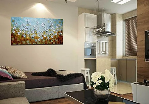 ASDAM ART –(100% HAND PAINTED 3D) PAINTINGS ON CANVAS READY TO HANG WHITE DAISY FLOWER OIL PAINTINGS ABSTRACT LANDSCAPE ARTWORK WALL ART FOR LIVING ROOM BEDROOM (20X40 INCH)