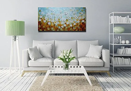 ASDAM ART –(100% HAND PAINTED 3D) PAINTINGS ON CANVAS READY TO HANG WHITE DAISY FLOWER OIL PAINTINGS ABSTRACT LANDSCAPE ARTWORK WALL ART FOR LIVING ROOM BEDROOM (20X40 INCH)