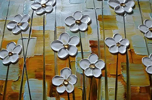 ASDAM ART –(100% HAND PAINTED 3D) PAINTINGS ON CANVAS READY TO HANG WHITE DAISY FLOWER OIL PAINTINGS ABSTRACT LANDSCAPE ARTWORK WALL ART FOR LIVING ROOM BEDROOM (20X40 INCH)