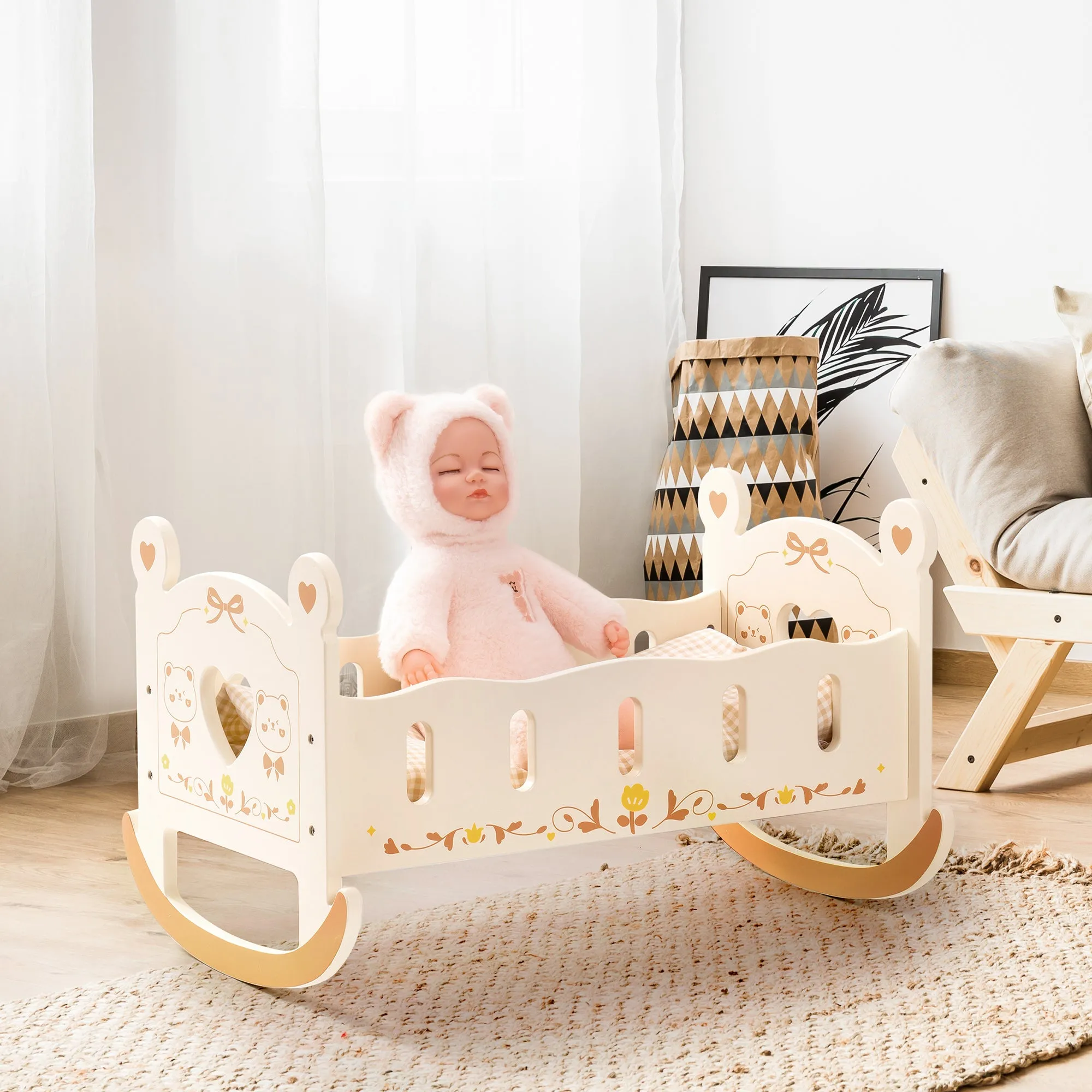 Baby Crib, Rocking Wooden Play Cradle for Dolls, Best Gift for Kids and Dementia Elderly(Brown)