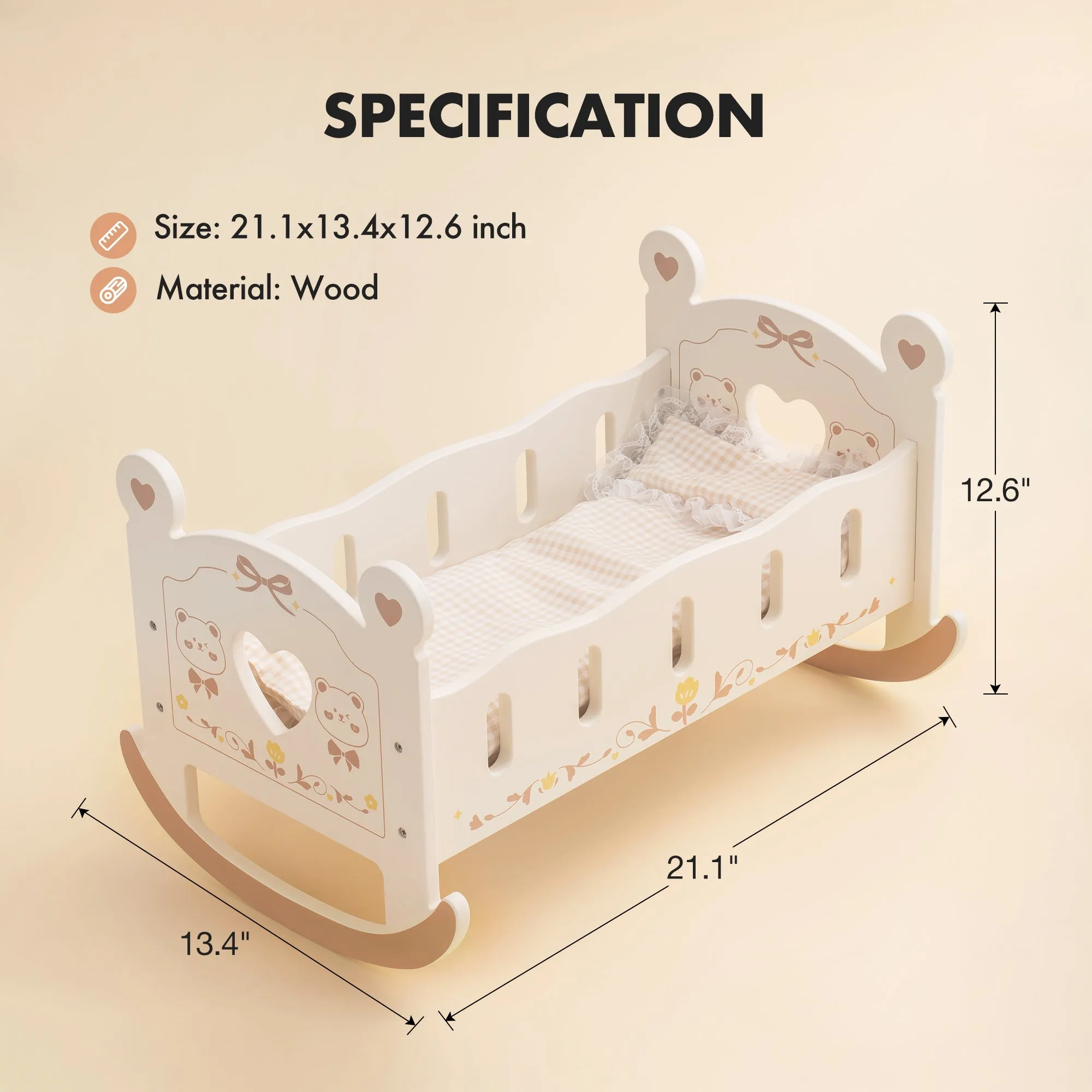 Baby Crib, Rocking Wooden Play Cradle for Dolls, Best Gift for Kids and Dementia Elderly(Brown)