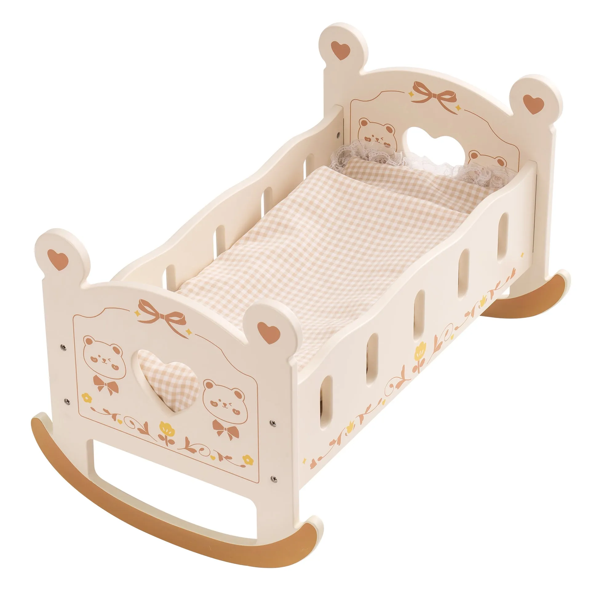 Baby Crib, Rocking Wooden Play Cradle for Dolls, Best Gift for Kids and Dementia Elderly(Brown)