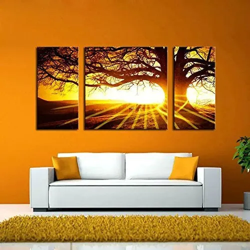 BPAGO Landscape Big Tree in Sunset Canvas Paintings Framed Modern Abstract Paintings Giclee Canvas Paintings Home Decorations Wall Art(12"x24"x2pcs 24"x24"x1pc)