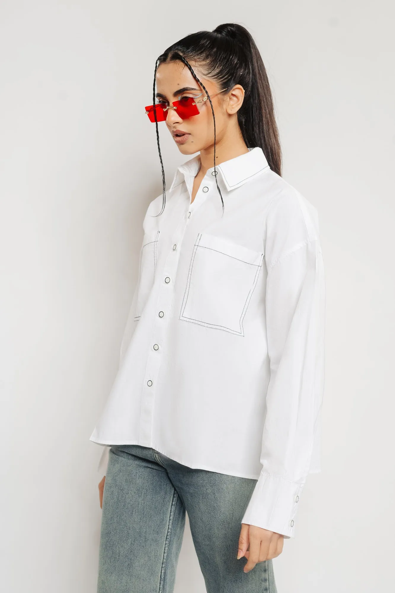 Contrast Stitch White Oversized Shirt