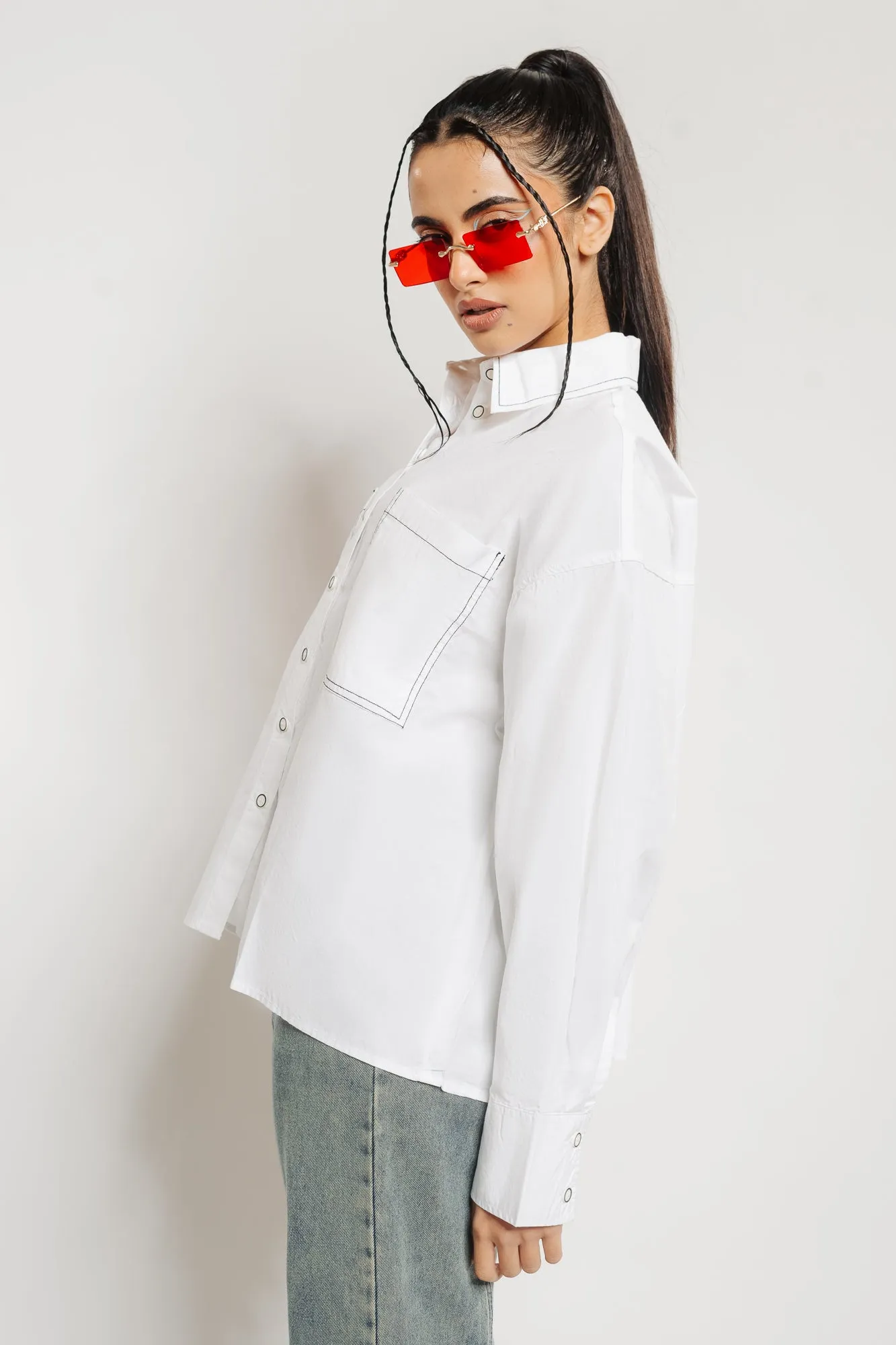 Contrast Stitch White Oversized Shirt