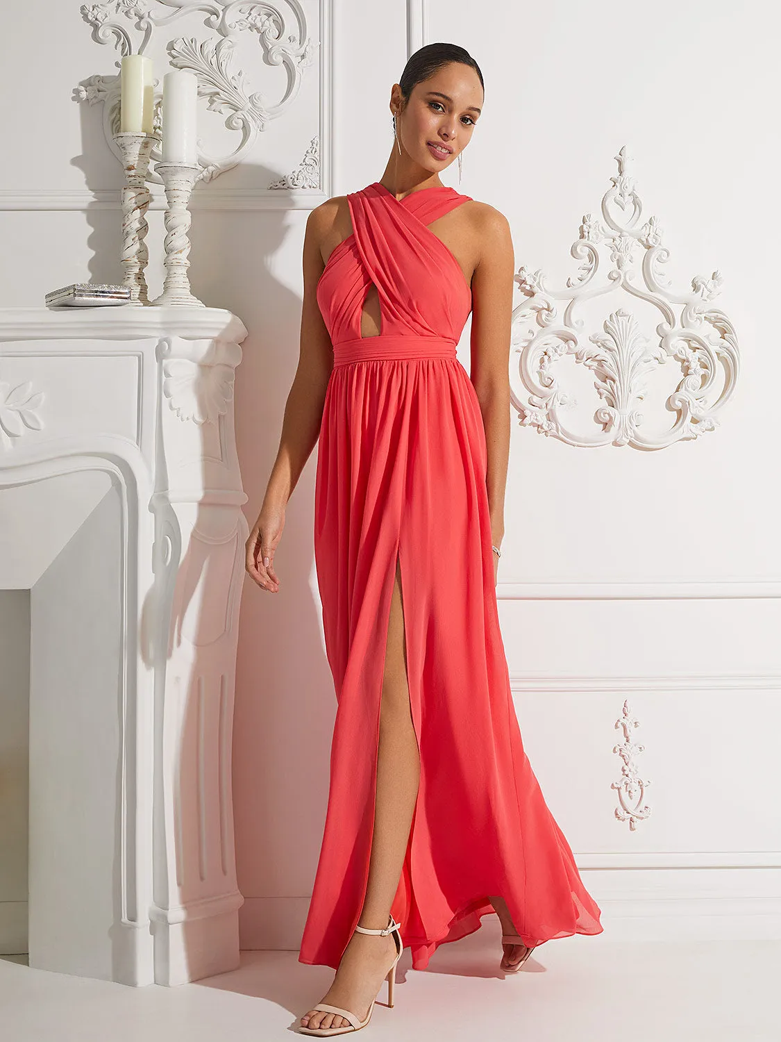 Crossover Chiffon Gown With Front Cutout