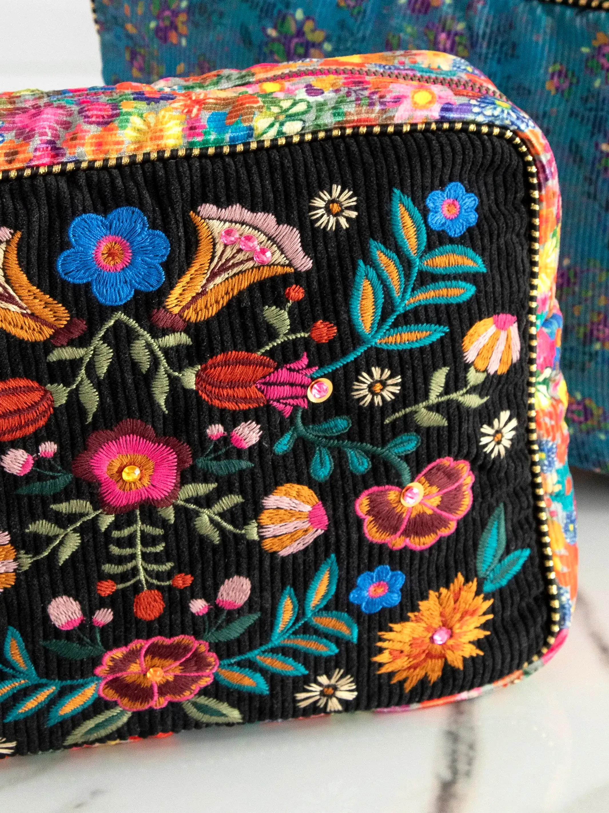 Embroidered Corduroy Cosmetic Pouch - Black Folk Flower