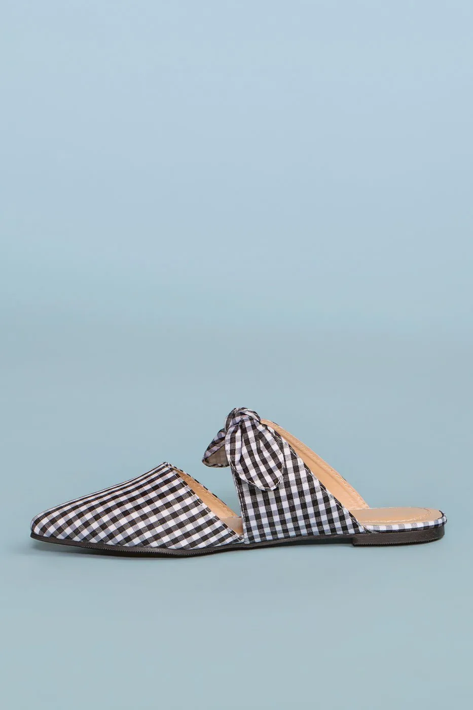 Fiona Bow Pointy Black and White Toe Mules - Gingham