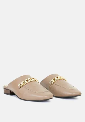 Honey Leather Chain Detail Mules in Taupe