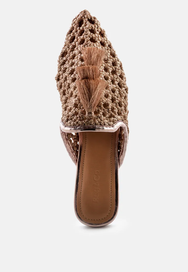 MELANIE Gold Tassels Embellished Woven Flat Mules