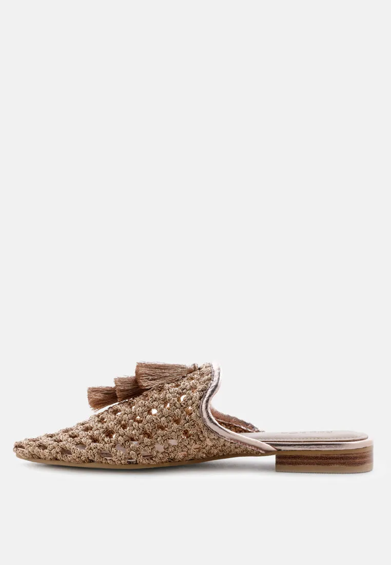 MELANIE Gold Tassels Embellished Woven Flat Mules