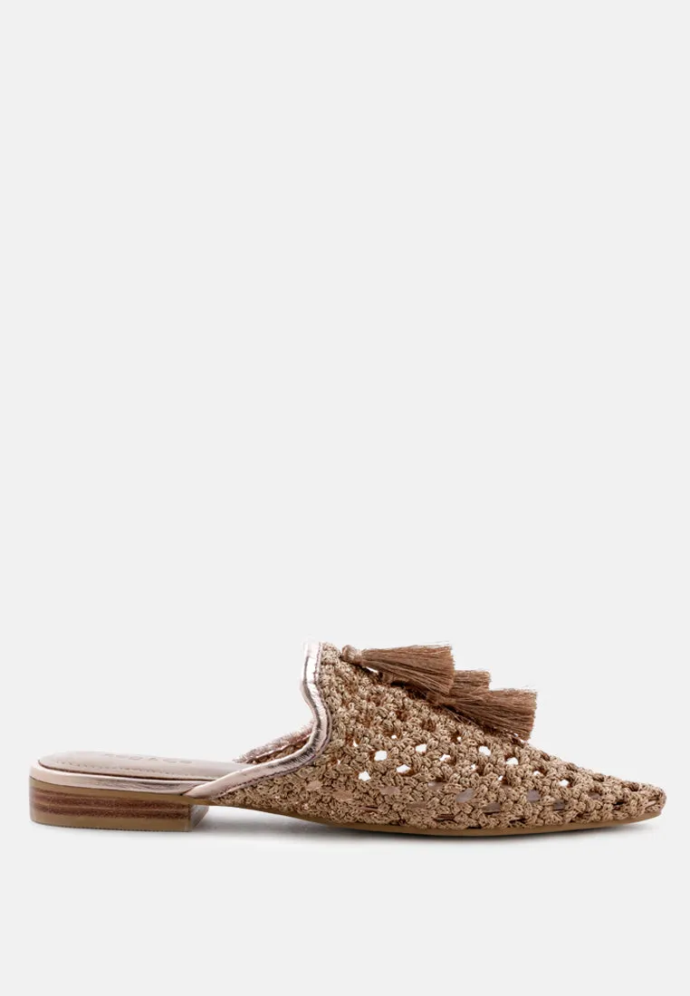 MELANIE Gold Tassels Embellished Woven Flat Mules