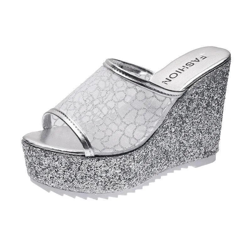 Mesh Platform Slip On Wedge Sandals