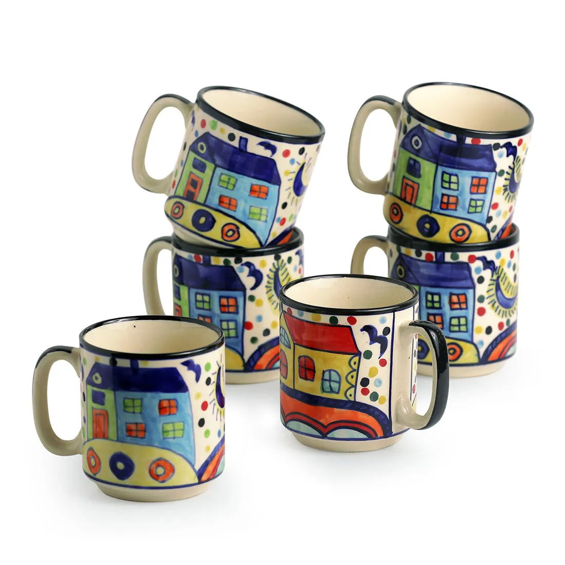 'The Hut Coffee Hangouts' Handpainted Ceramic Tea & Coffee Mugs (Set Of 6)