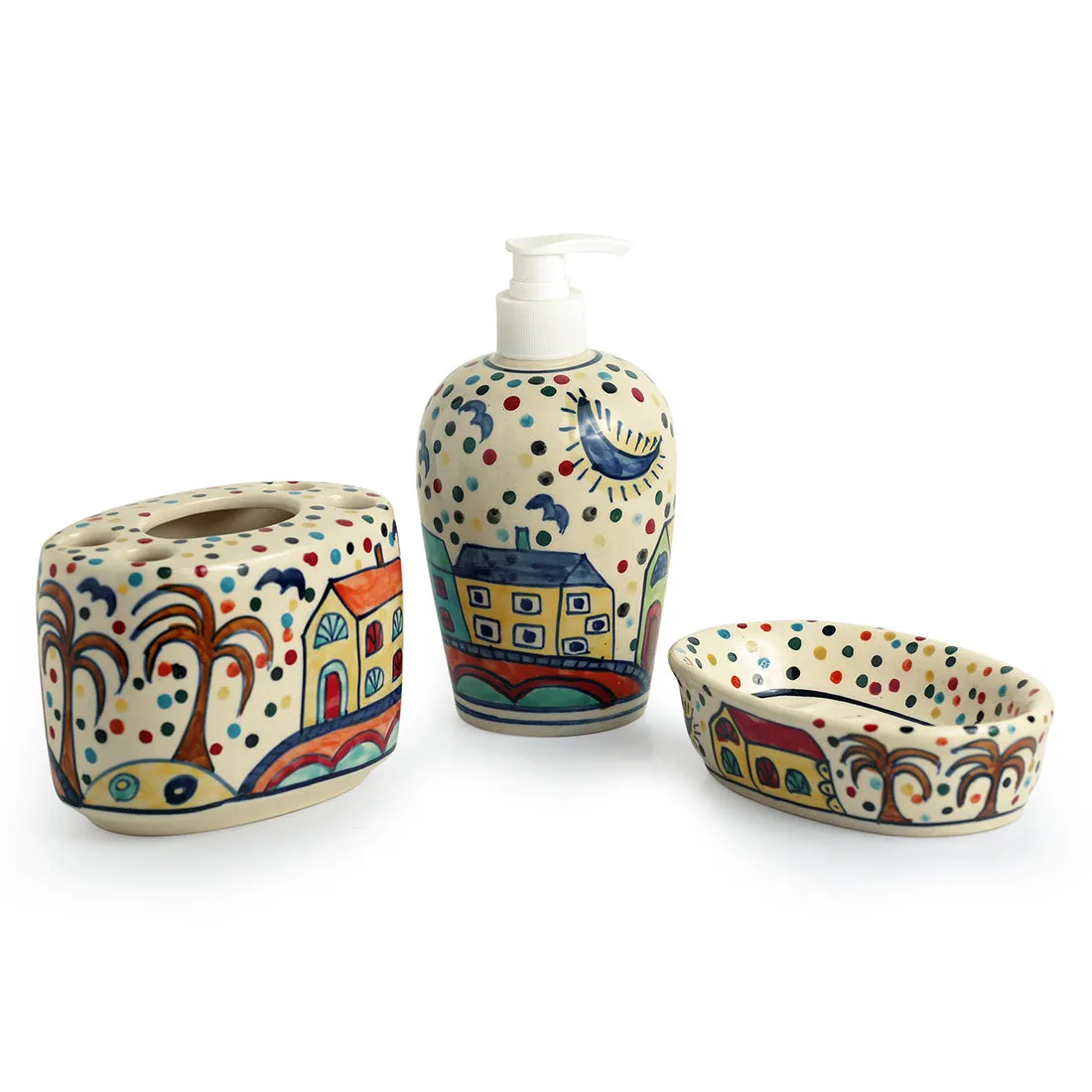 'The Hut Essentials' Handpainted Ceramic Bathroom Accessory (Set Of 3)