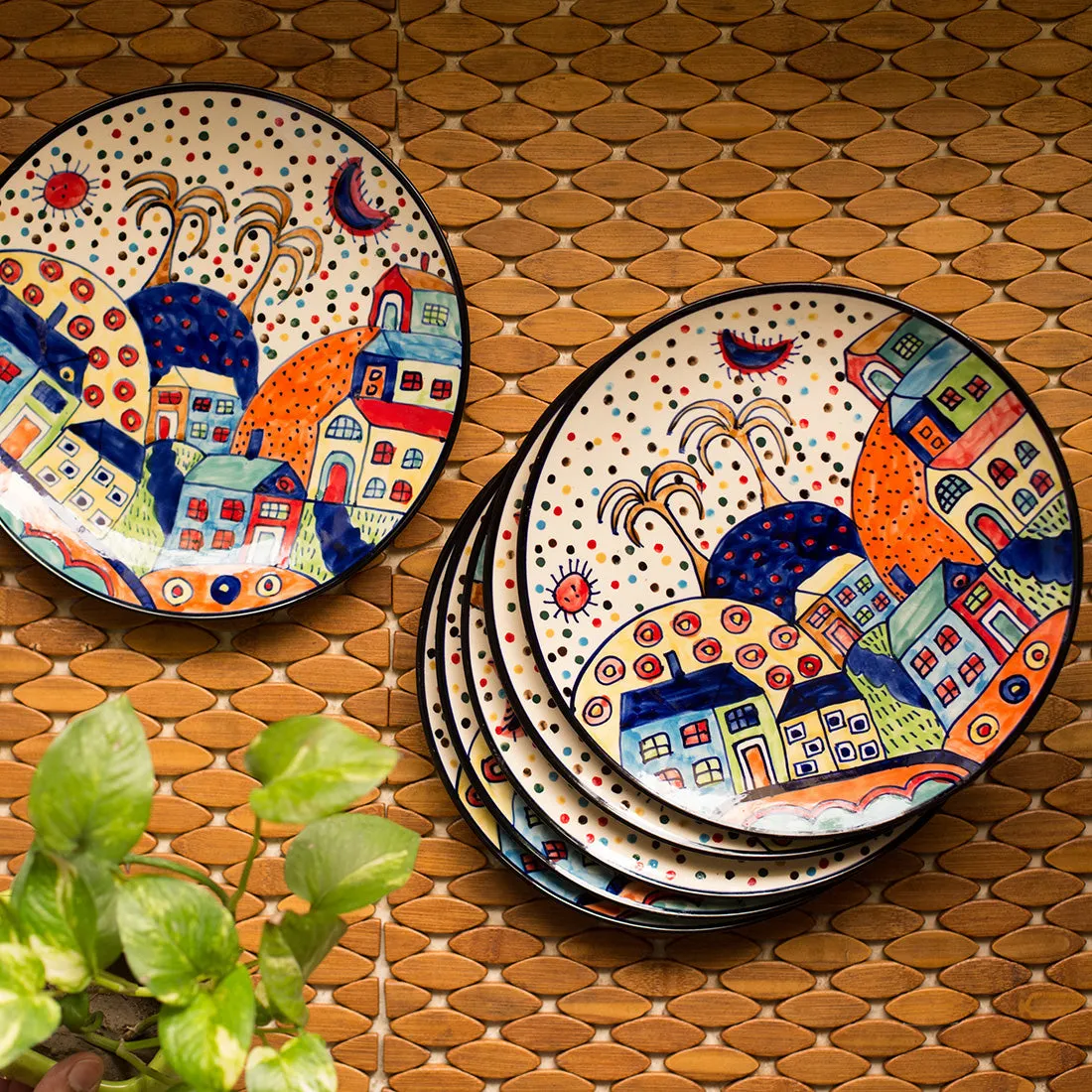 'The Hut Family' Handpainted Ceramic Dinner Plates (10 Inch, Set Of 6)