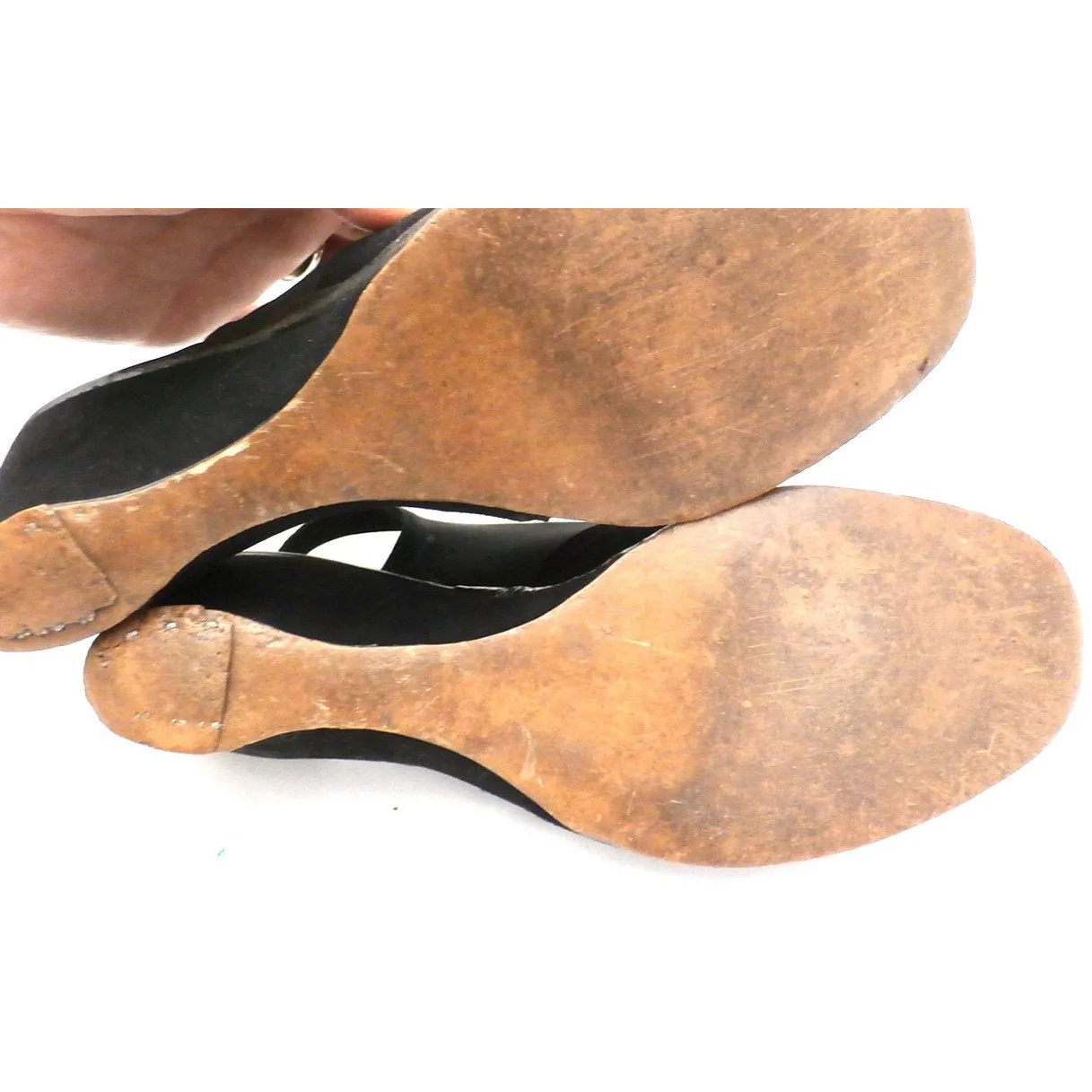 Vintage 1940s Shoes Wedge Slingback Black Suede Peep Toe Womens 6.5